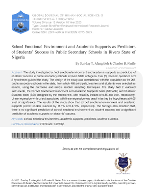 School Emotional Environment and Academic Supports as Predictors of Students2019; Success in Public Secondary Schools in Rivers State of Nigeria