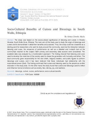 Socio-cultural Benefits of Curses and Blessings  in South Wollo, Ethiopia