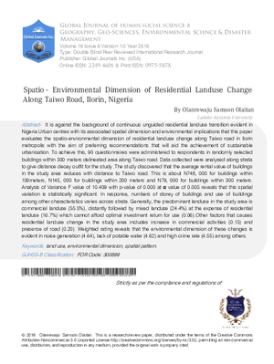 Spatio-Environmental Dimension of Residnential Landuse Change along Taiwo Road, Ilorin, Kwara State