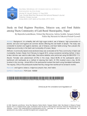 Study on Oral Hygiene Practices, Tobacco use, and Food Habits among Tharu Community of Gadi Rural Municipality, Nepal