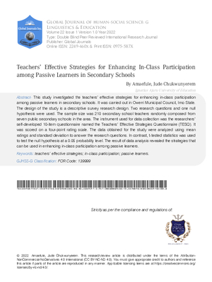 Teachers2019; Effective Strategies for Enhancing in-Class Participation among Passive Learners in Secondary Schools