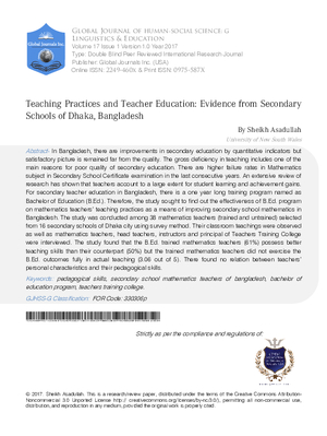 Teaching Practices and Teacher Education: Evidence from Secondary Schools of Dhaka, Bangladesh