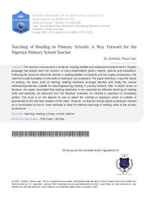 Teaching of Reading in Primary Schools: A Way Forward for the Nigerian Primary School Teacher