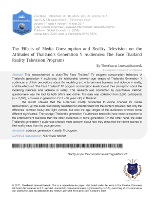 The Effects of Media Consumption and Reality Television on the Attitudes of Thailands Generation Y Audiences: The Face Thailand Reality Television Programs