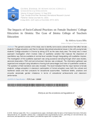 The Impacts of Socio-Cultural Practices on Female Studentsa College Education in Oromia: The Case of Jimma College of Teachers Education