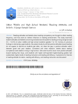 Urban Middle and High School Students Reading Attitudes and Beliefs: A Large-Sample Survey