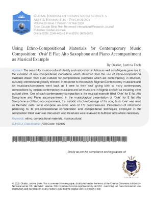 Using Ethno-Compositional Materials for Contemporary Music Composition: 2018;Ovie2019; E Flat Alto Saxophone and Piano Accompaniment as Musical Example