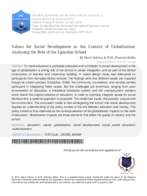 Values for Social Development in the Context of Globalisation: Analysing the Role of the Ugandan School