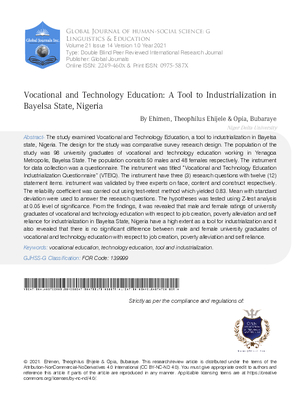 Vocational and Technology Education: A Tool to Industrialization in Bayelsa State, Nigeria