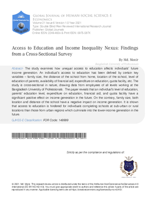 Access to Education and Income Inequality Nexus: Findings from a Cross-sectional Survey