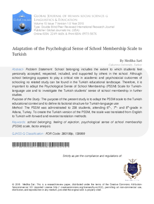 Adaptation of the Psychological Sense of School Membership Scale to Turkish