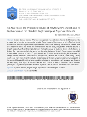 An Analysis of the Syntactic Features of Jenifa2019;s Diary English and Its Implications on the Standard English Usage of Nigerian Students
