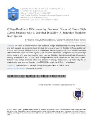 College-Readiness Differences by Economic Status of Texas High School Students With a Learning Disability: A Statewide Multiyear Investigation