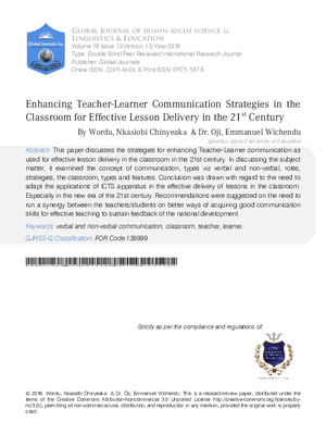 Enhancing Teacher-Learner Communication Strategies in the Classroom for Effective Lesson Delivery in the 21 St Century