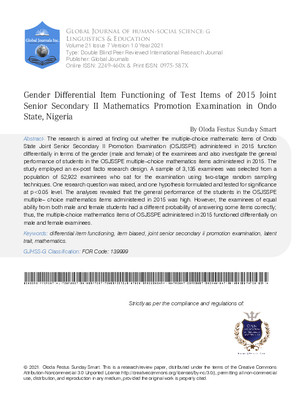 Gender Differential Item Functioning of Test Items of 2015 Joint Senior Secondary Ii Mathematics Promotion Examination in Ondo State, Nigeria