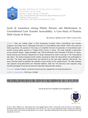 Level of Awareness Among Elderly Persons and Hinderances to Unconditional Cash Transfer Accessibility. A Case Study of Tharaka Nithi County in Kenya