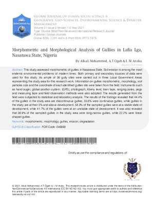 Morphometric and Morphological Analysis of Gullies in Lafia LGA, Nasarawa State, Nigeria