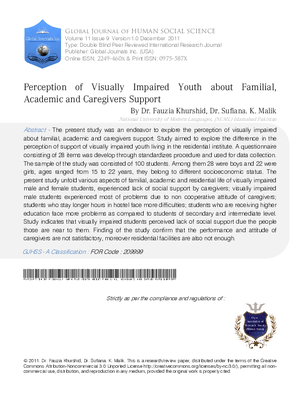 Perception of Visually Impaired Youth about Familial, Academic and Caregivers Support