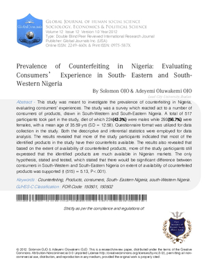Prevalence Of Counterfeiting In Nigeria: Evaluating Consumersa Experience In South-Eastern And South-Western Nigeria