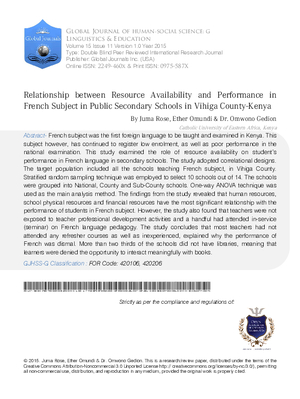Relationship between Resource Availability and Performance in French Subject in Public Secondary Schools in Vihiga County-Kenya