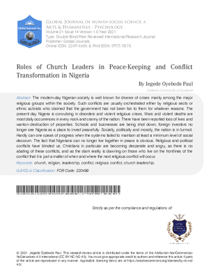 Roles of Church Leaders in Peace-Keeping and Conflict Transformation in Nigeria