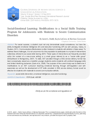 Social-Emotional Learning: Modifications to a Social Skills Training Program for Adolescents with Moderate to Severe Communication Disorders