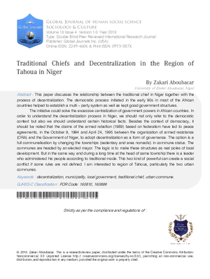 Traditional Chiefs and Decentralization in the Region of Tahoua in Niger