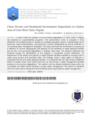 Urban poverty and residential environment degradation in Calabar Area of Cross River State, Nigeria