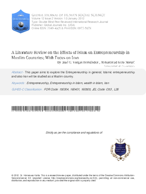 A literature Review on the Effects of Islam on Entrepreneurship in Muslim Countries; with focus on Iran