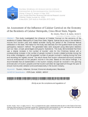 An Assessment of the Influence of Calabar Carnival on the Economy of the Residents of Calabar Metropolis, Cross River State, Nigeria