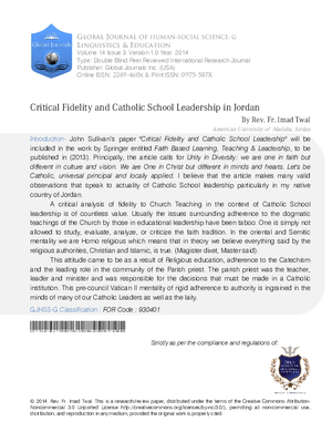 Critical Fidelity and Catholic School Leadership in Jordan