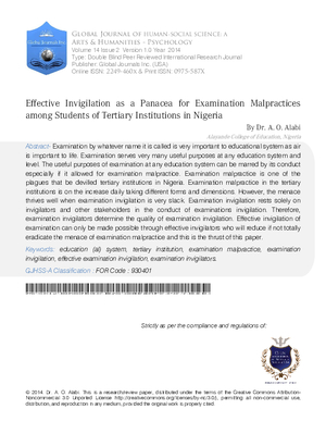 Effective Invigilation as a Panacea for Examination Malpractices among Students of Tertiary Institutions in Nigeria
