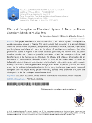 Effects of Corruption on Educational System: A Focus on Private Secondary Schools in Nsukka Zone