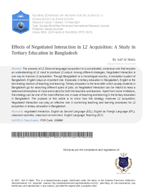 Effects of Negotiated Interaction in L2 Acquisition: A study in Tertiary Education in Bangladesh
