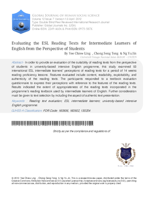 Evaluating the ESL Reading Texts for Intermediate Learners of English from the Perspective of Students
