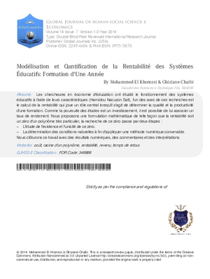 Modlisation et Qantification de la Rentabilit des SystAmes Aducatifs: Formation dUne Anne