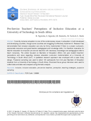 Pre-Service Teachers Perceptions of Inclusive Education at a University of Technology in South Africa