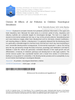 Chronic Ill Effects of Air Pollution in Children:  Neurological Derailment