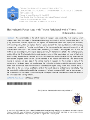 Hydroelectric Power Auto with Torque Peripheral to the Wheels