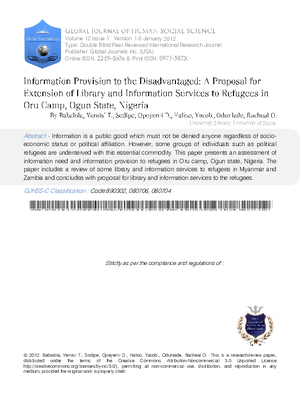 Information Provision to The Disadvantaged: A Proposal For Extension Of Library And Information Services To Refugees In Oru Camp, Ogun State, Nigeria.