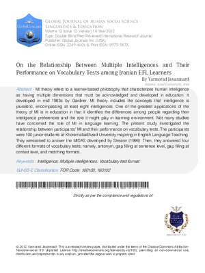 On The Relationship between Multiple Intelligences and Their Performance on Vocabulary Tests among Iranian EFL Learners