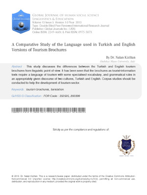 A Comparative Study of the Language used in Turkish and English Versions of Tourism Brochures
