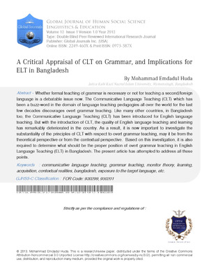 A Critical Appraisal of CLT on Grammar, and Implications for ELT in Bangladesh