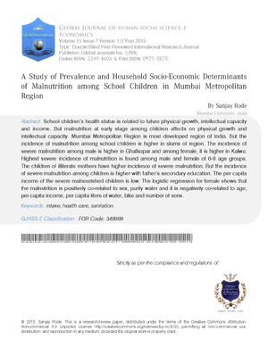 A Study of Prevalence and Household Socio-Economic Determinants of Malnutrition among School Children in Mumbai Metropolitan Region