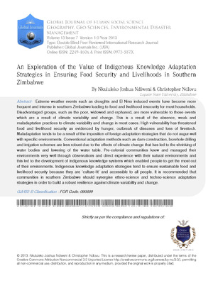 An Exploration of the Value of Indigenous Knowledge Adaptation Strategies in Ensuring Food Security and Livelihoods in Southern Zimbabwe