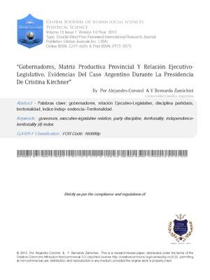 aoGobernadores, Matriz Productiva Provincial Y RelaciAn Ejecutivo-Legislativo. Evidencias Del Caso Argentino Durante La Presidencia De Cristina Kirchnera
