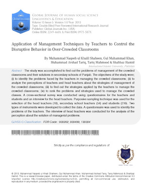 Application of Management Techniques by Teachers to Control the Disruptive Behavior in Over-Crowded Classrooms