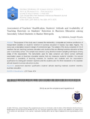 Assessment of Teachers' Qualification, Students' Attitude and Availability of Teaching Materials on Students' Retention in Business Education among Secondary School Students in Ibadan Metropolis