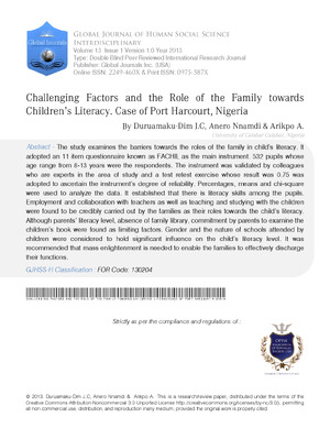 Challenging Factors and the Role of the Family towards Children's Literacy. Case of Port Harcourt, Nigeria