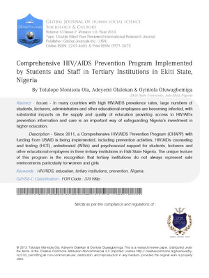 Comprehensive HIV/AIDS Prevention Program Implemented by Students and Staff in Tertiary Institutions in Ekiti State, Nigeria
